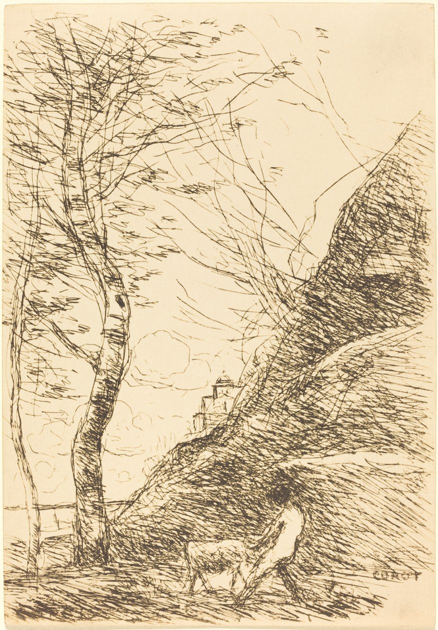 Herder worstelt met een geit door Jean Baptiste Camille Corot