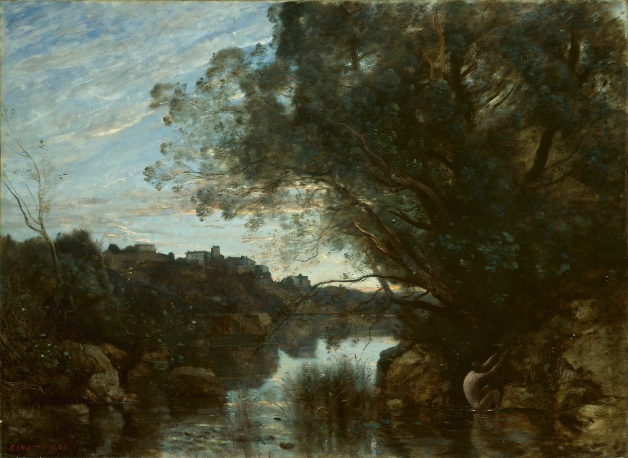 Souvenir van de Omgeving van het Meer van Nemi door Jean Baptiste Camille Corot