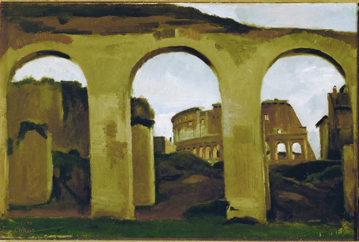 Het Colosseum, gezien over de arcaden van de Basiliek Sint Constantijn, Rome ... door Jean Baptiste Camille Corot