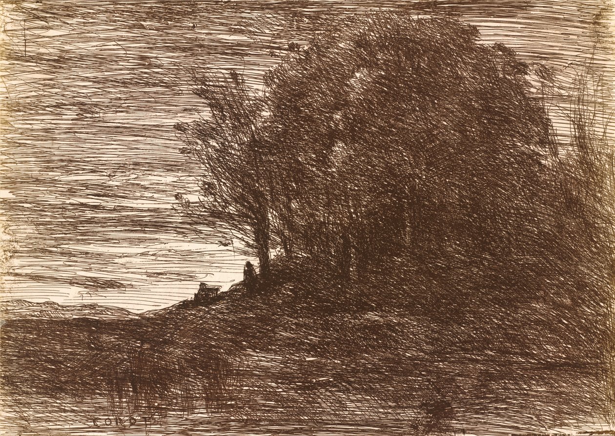 Het bos van de kluizenaar, of de oevers van het Meer van Trasimène door Jean Baptiste Camille Corot