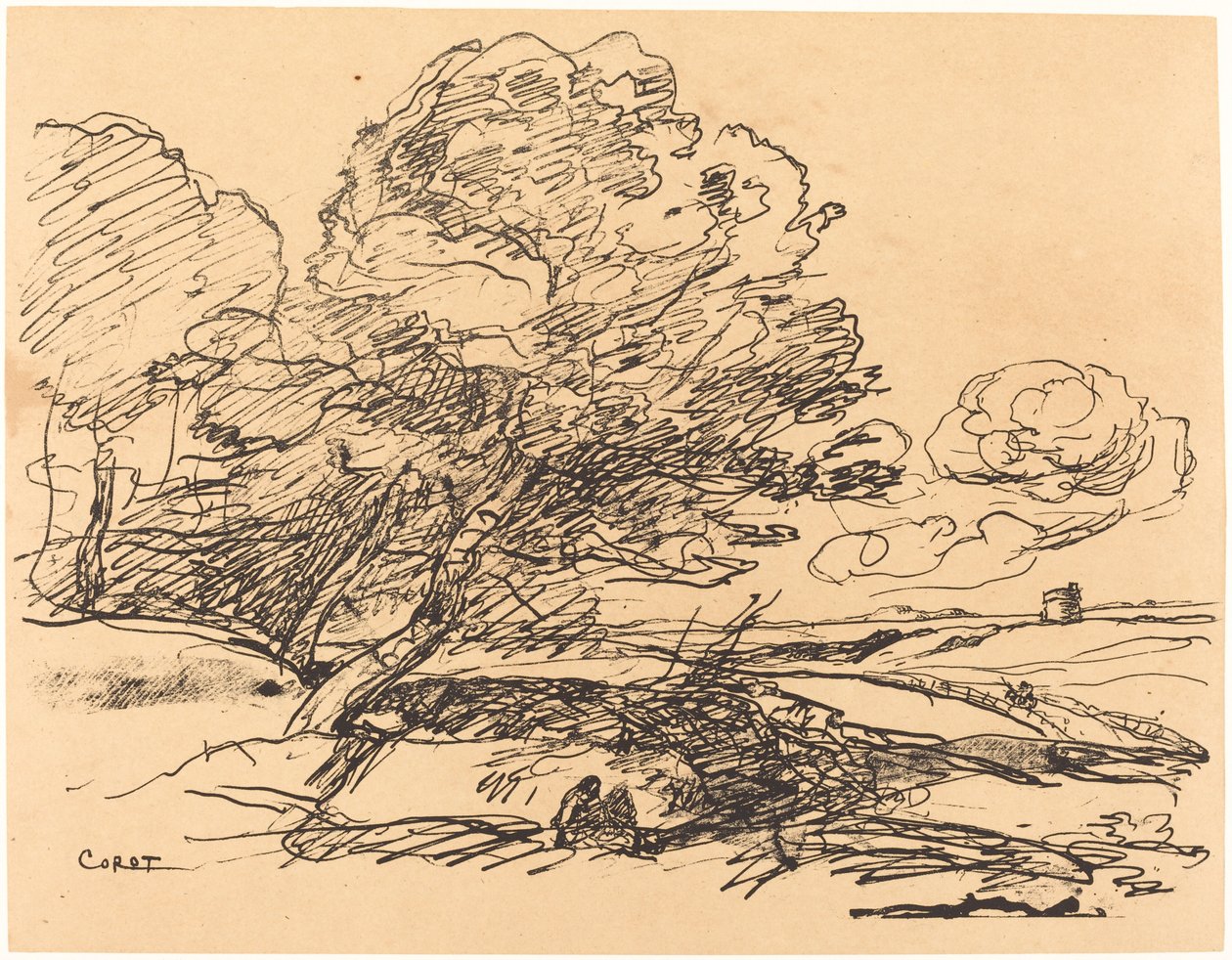 De eenzame toren (La Tour isolée) door Jean Baptiste Camille Corot