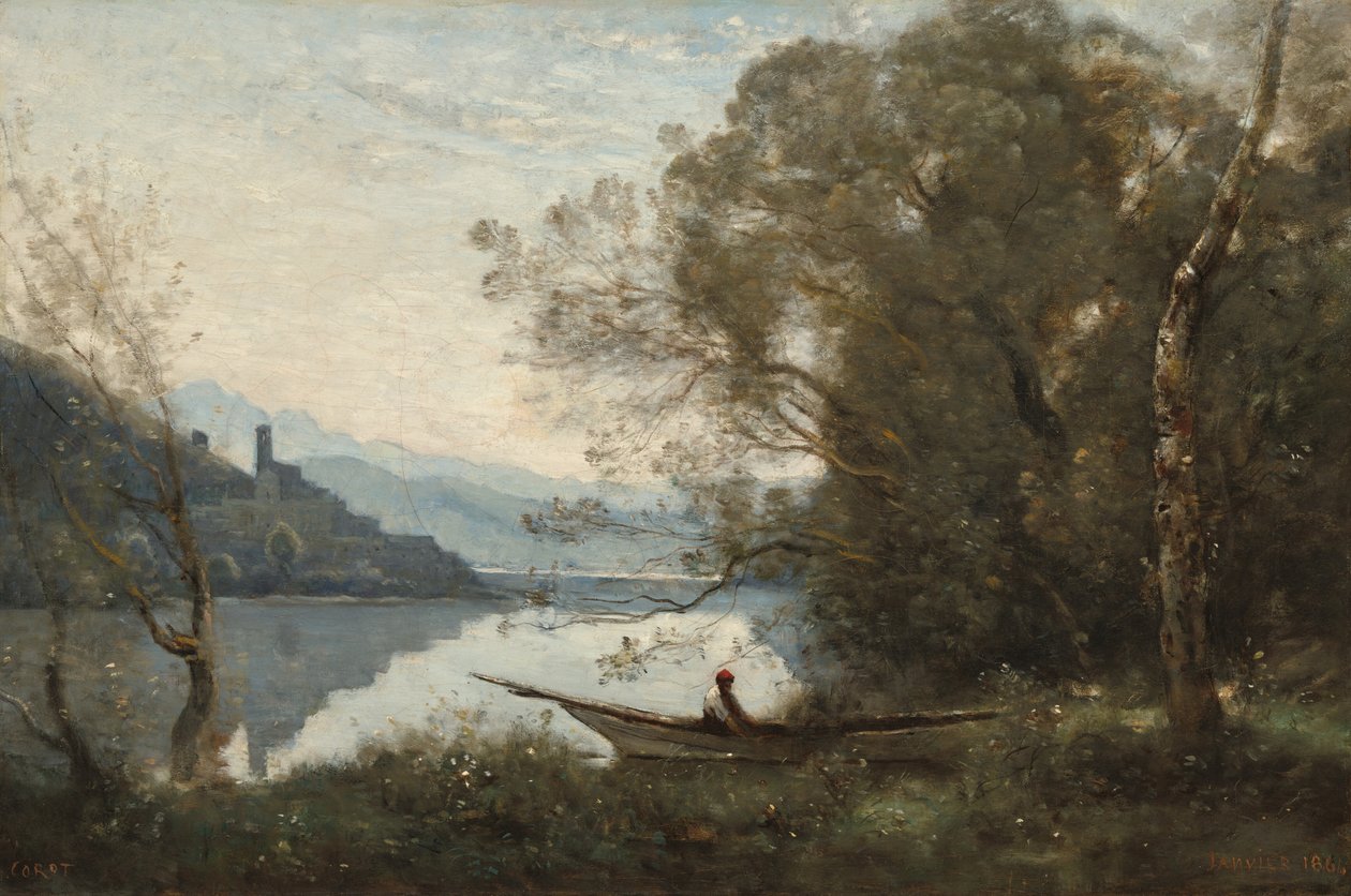 De aangemeerde schipper: Souvenir van een Italiaans meer, 1861 door Jean-Baptiste-Camille Corot
