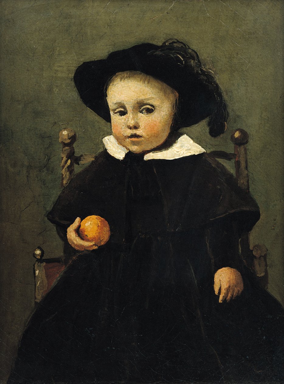 De Schilder Adolphe Desbrochers (1841-1902) als Kind, Met een Sinaasappel, 1845 door Jean Baptiste Camille Corot