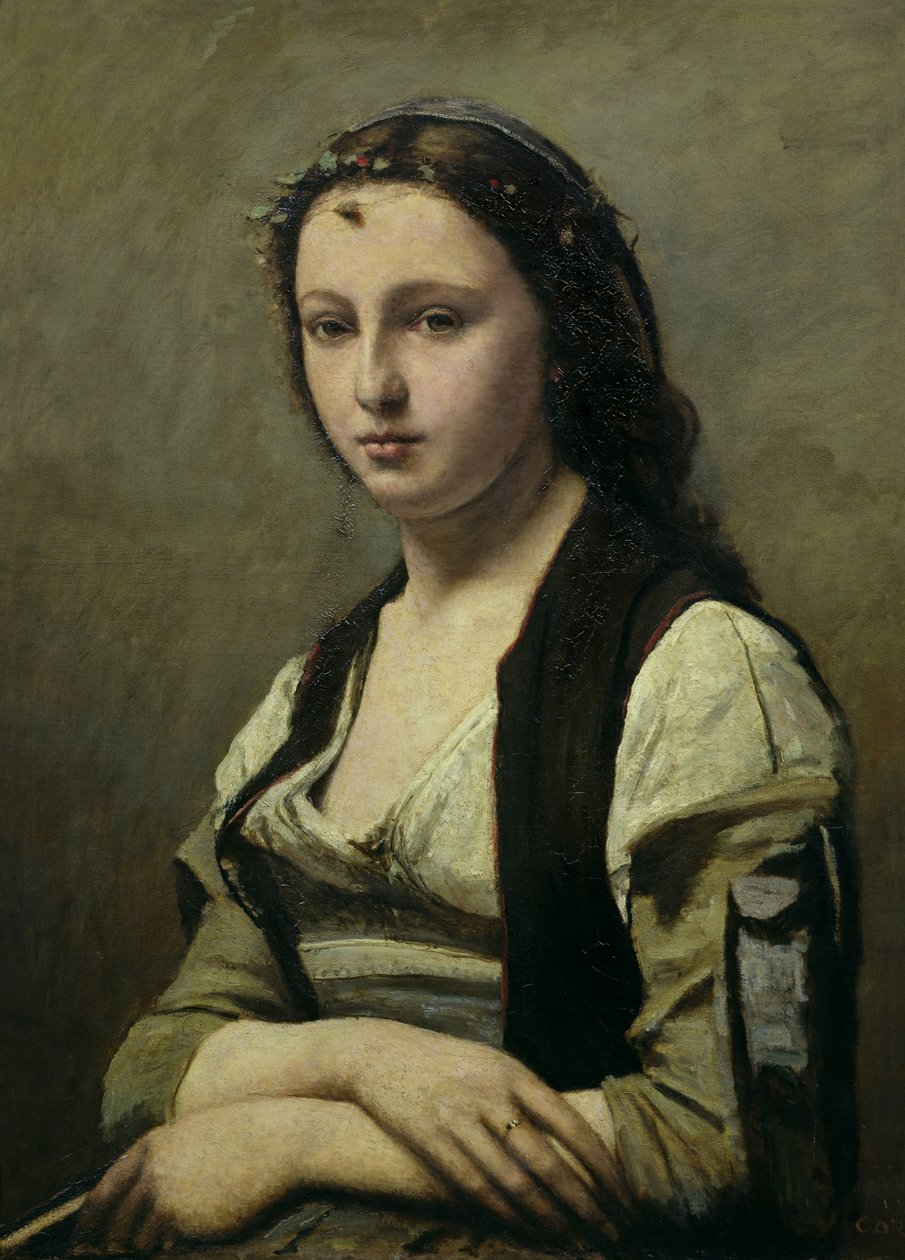 De vrouw met de parel door Jean Baptiste Camille Corot