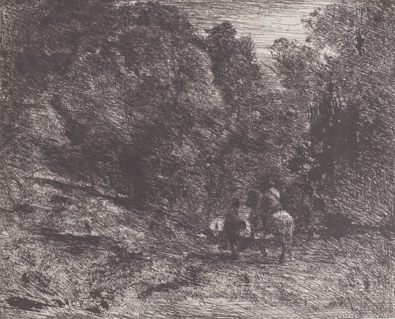 Twee reizigers in een bos Le Cavalier en forêt et le piéton, 1854 door Jean Baptiste Camille Corot