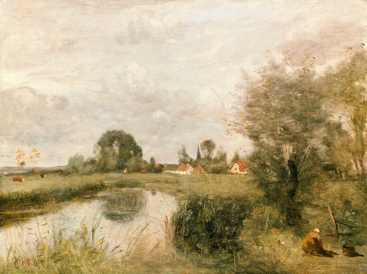 Uitzicht op Arleux vanaf de moerassen van Palluel door Jean Baptiste Camille Corot