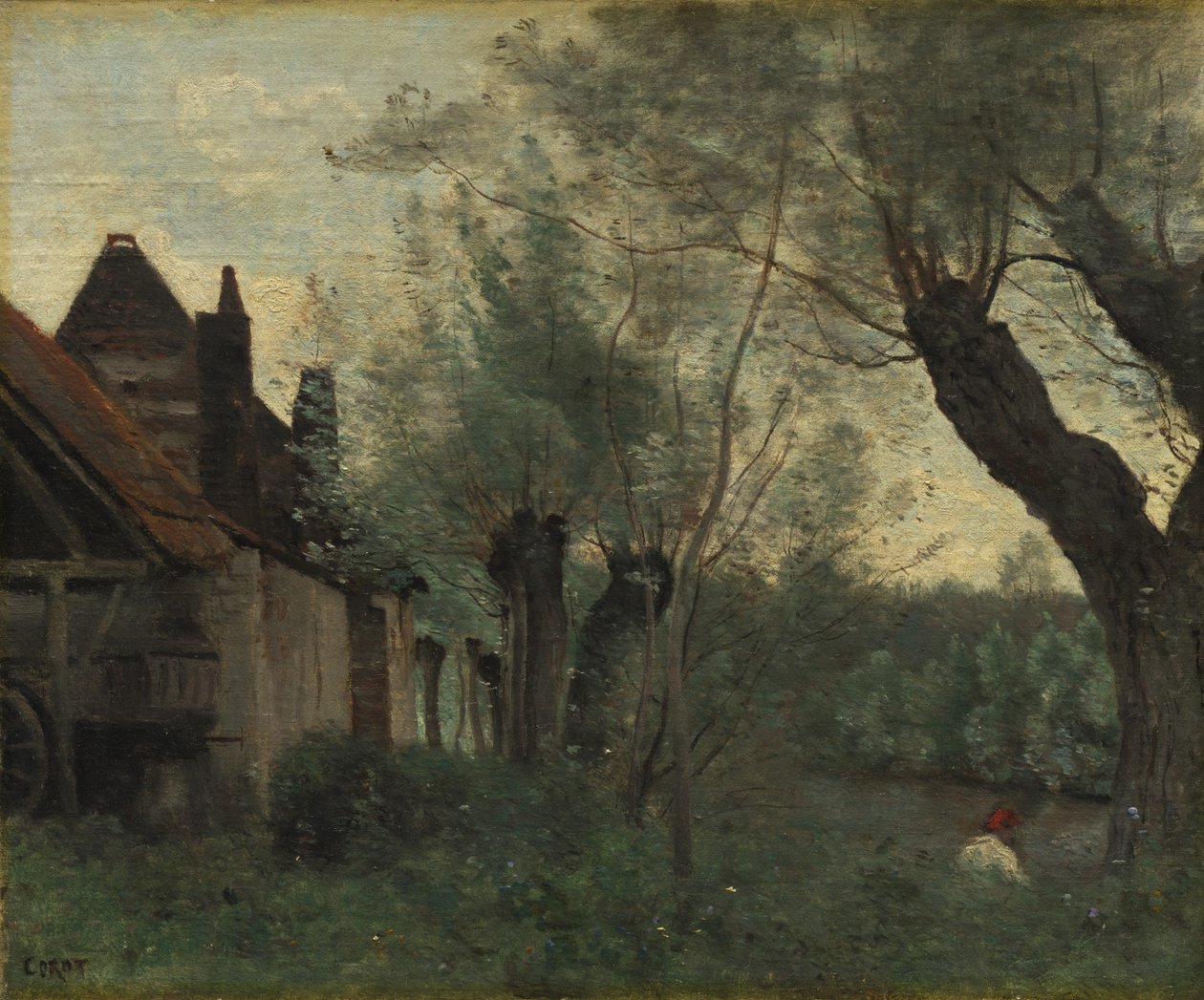 Wilgen en boerderij in Sainte-Catherine-lès-Arras, 1871 door Jean Baptiste Camille Corot