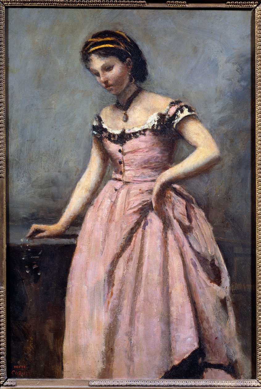 Jong meisje met roze jurk door Jean Baptiste Camille Corot
