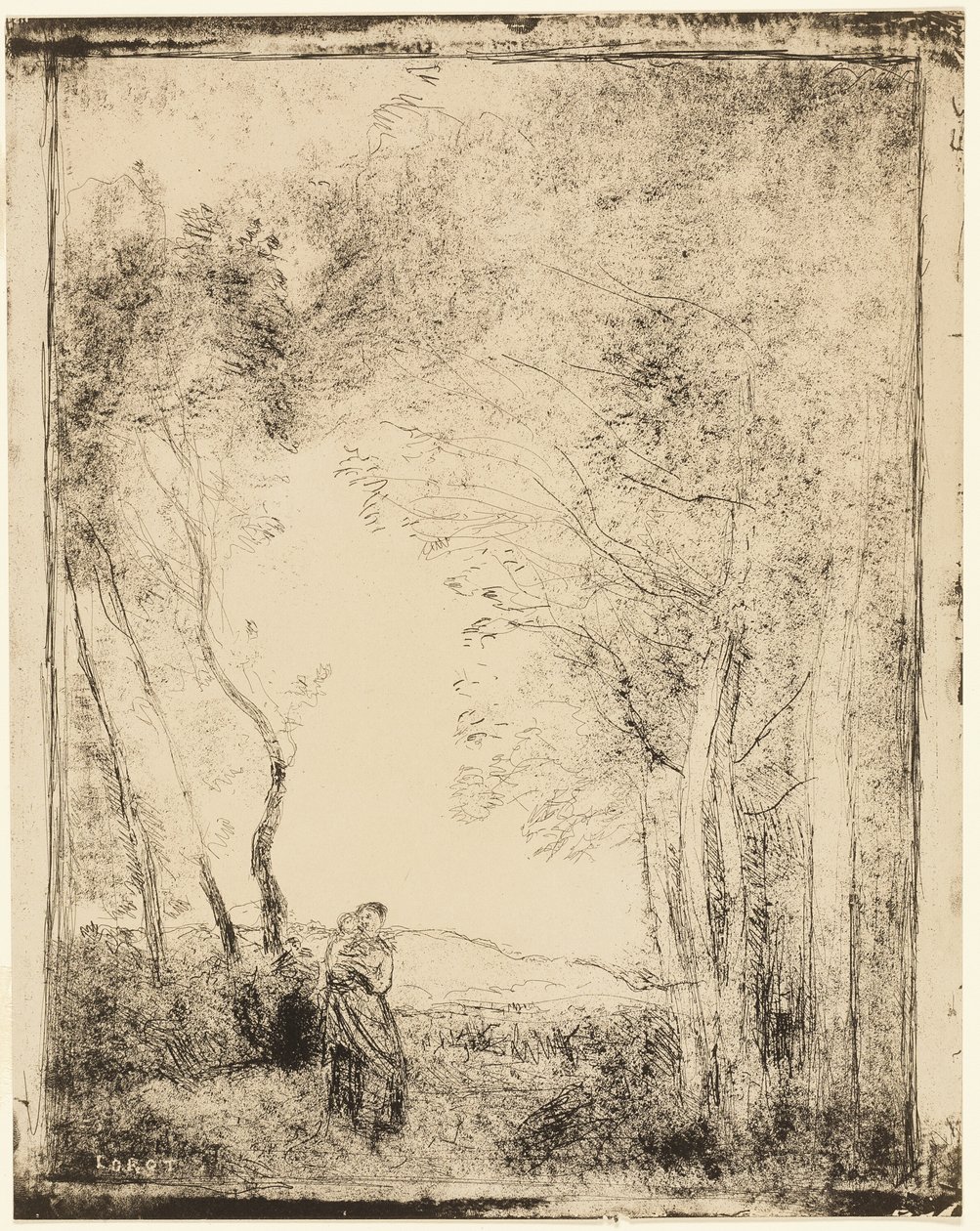 Jonge moeder aan de rand van het bos door Jean Baptiste Camille Corot