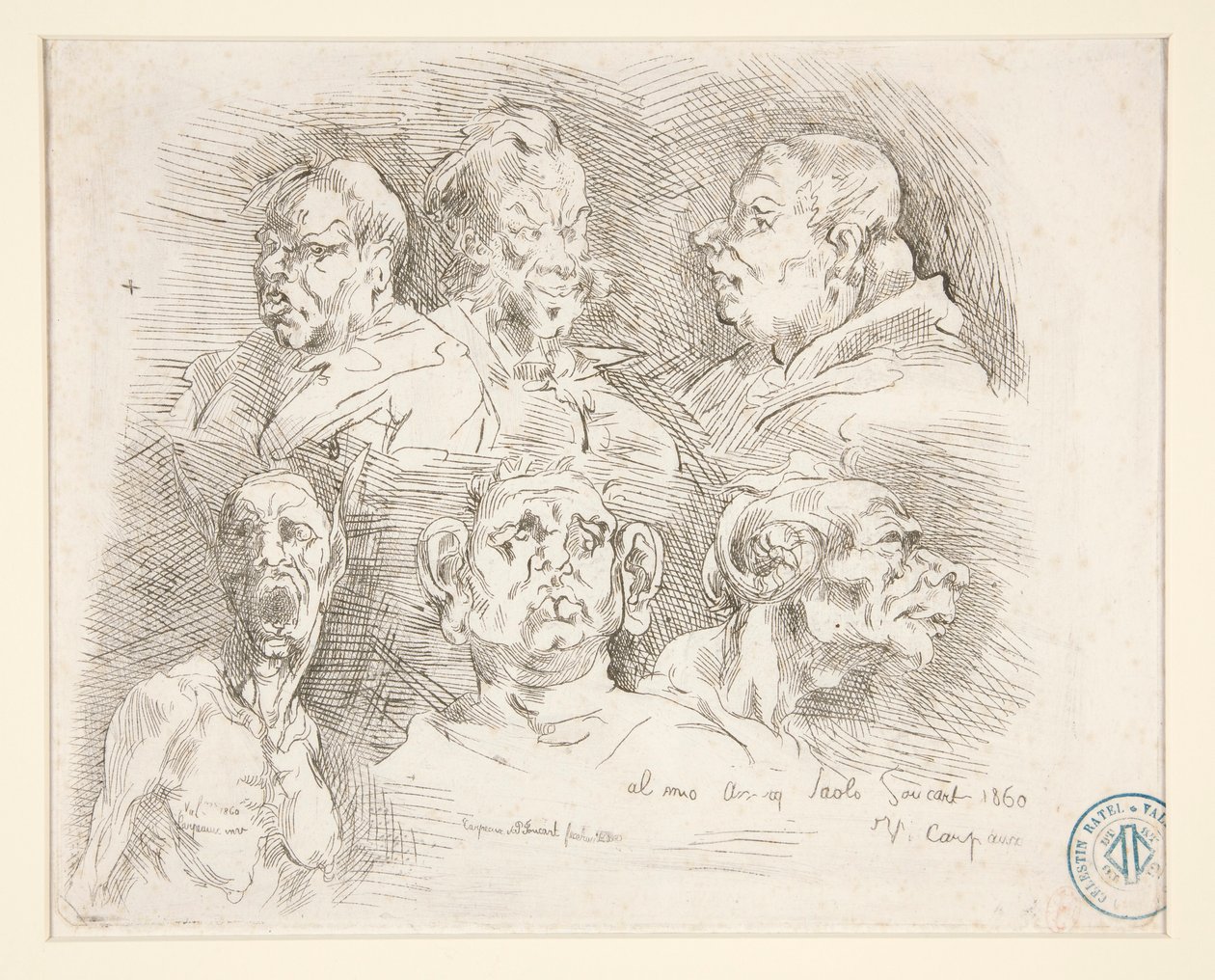 Schetsen van groteske hoofden door Jean Baptiste Carpeaux