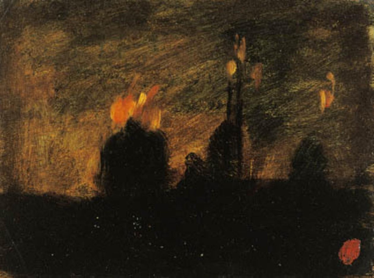 Nachtstemming met branden in St-Vast-là-haut nabij Valenciennes door Jean Baptiste Carpeaux
