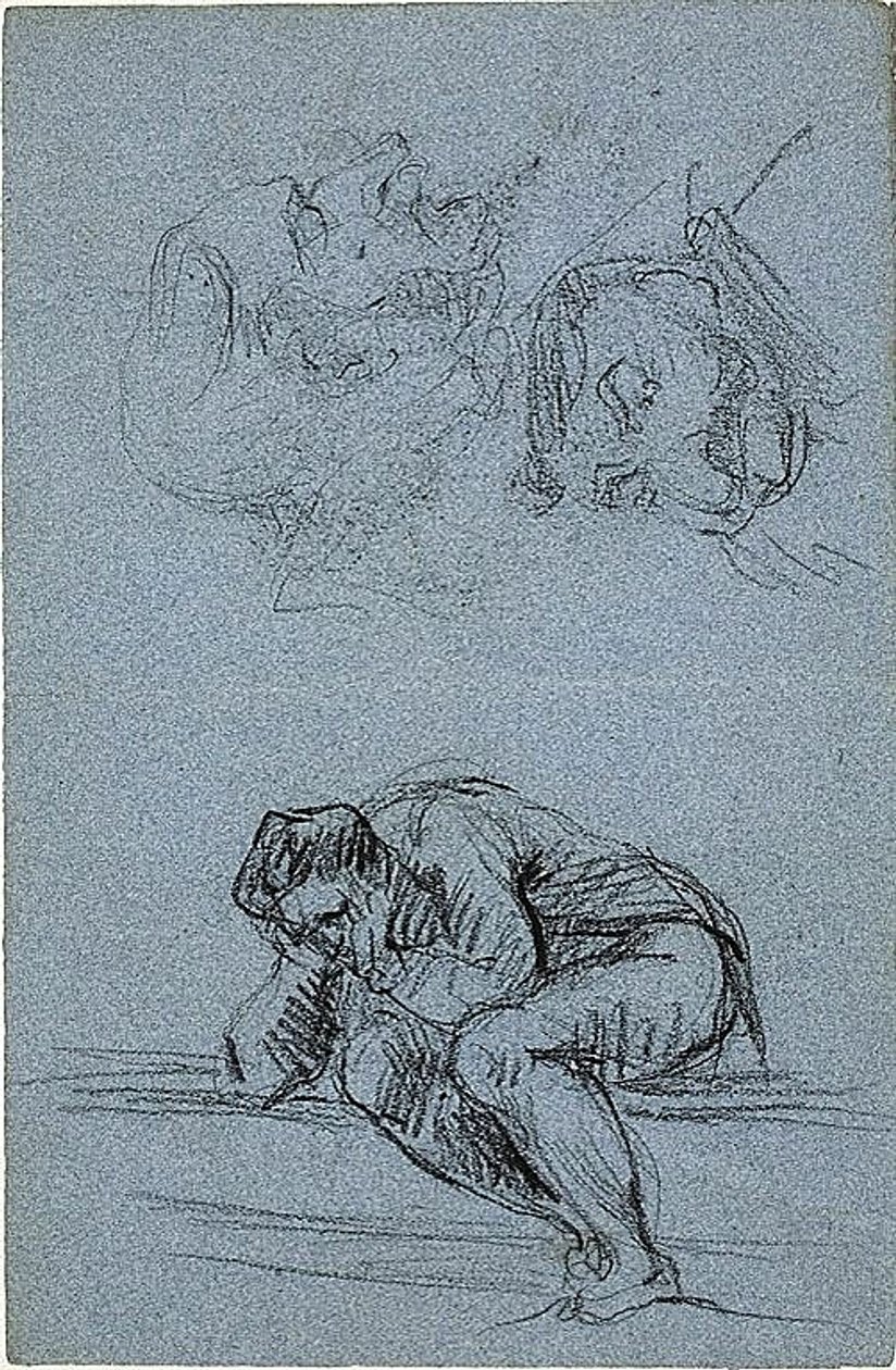 Zittende figuur met hoofd in handen en twee karikaturen (recto); Vier figuren in een lunet (verso) door Jean Baptiste Carpeaux