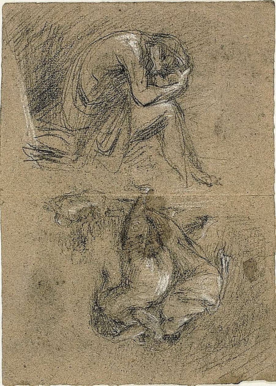Schetsen: Zittende man met hoofd in handen en twee figuren die naar anderen buigen op de achtergrond (recto); Liggende vrouw (verso) door Jean Baptiste Carpeaux