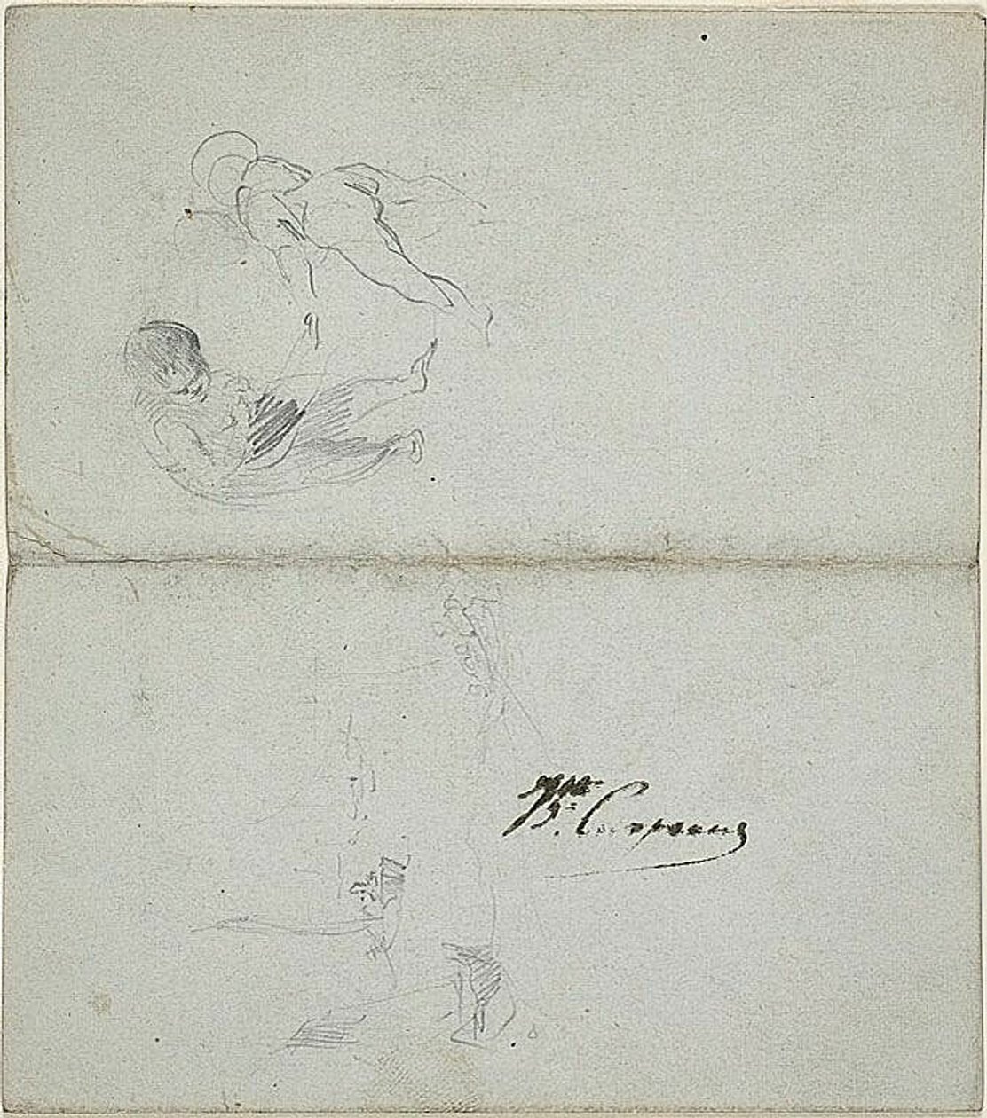Schetsen van twee kinderen, boten op zee (recto); schetsen van stappend mannelijk figuur die staf vasthoudt en kustgezicht (verso) door Jean Baptiste Carpeaux