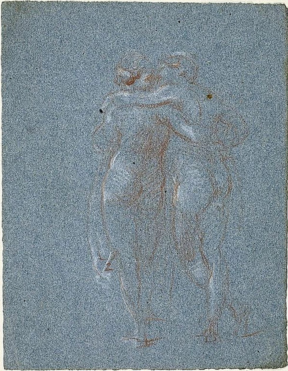 Twee Staande Figuren, Omhelzend (recto); Man met Zeis en Schetsen van Gebouwen (verso) door Jean Baptiste Carpeaux