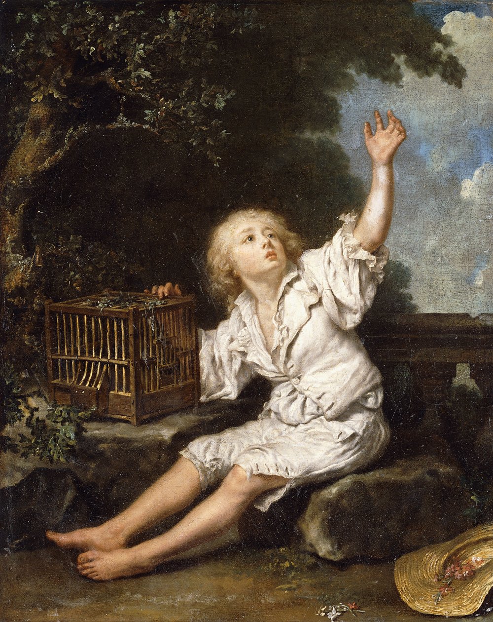Een jongen met een lege vogelkooi door Jean Baptiste Charpentier