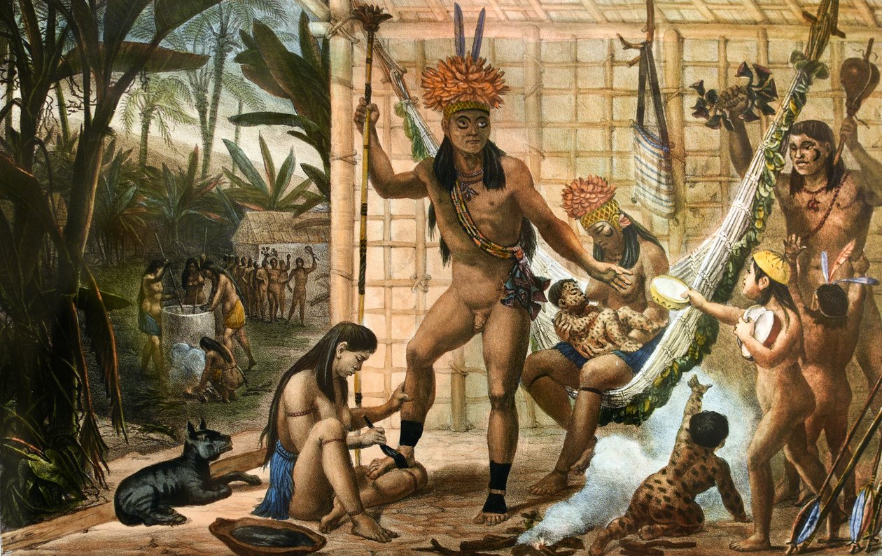 Familie van een Camacan opperhoofd bereidt zich voor op een feestmaal door Jean Baptiste Debret