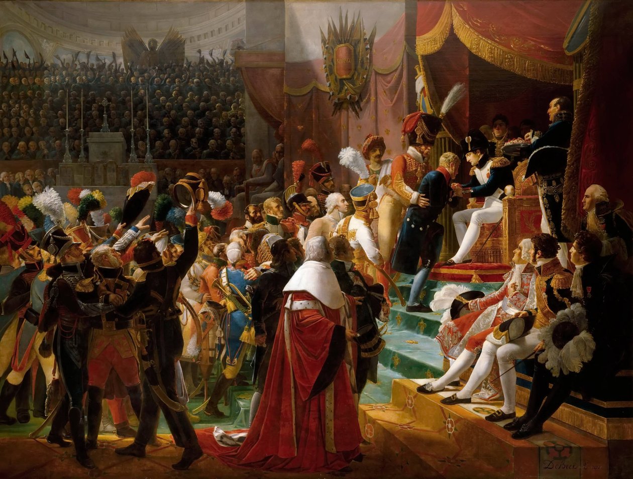 Eerste uitreiking van eretekens Legioen in de kerk van Invalides, 14 juli 1804 door Jean Baptiste Debret