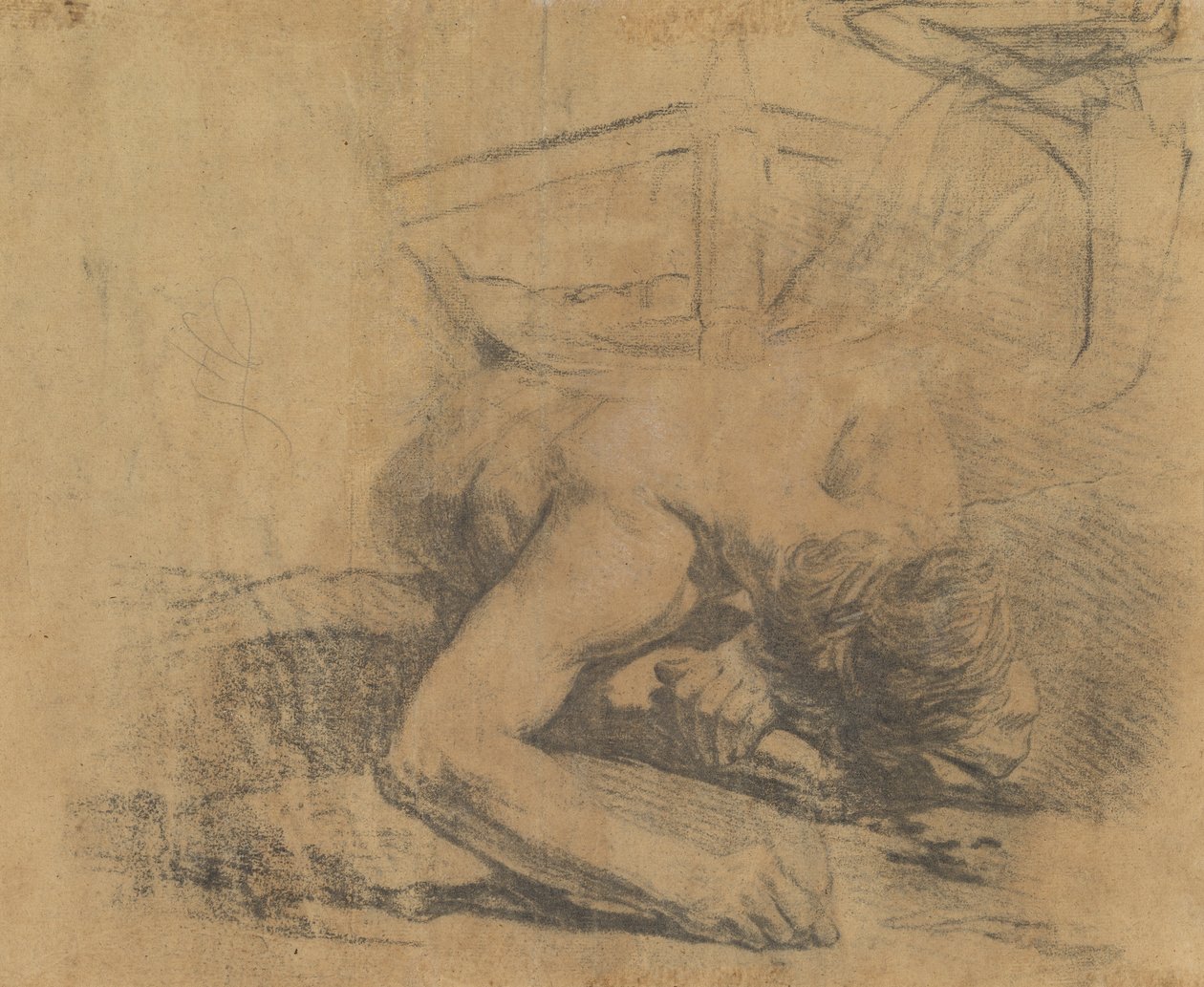 Man Liggend op de Grond en de Hoek van een Bed door Jean Baptiste Deshays