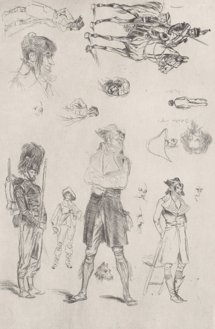 Blad met schetsen Feuille de Croquis door Jean Baptiste Edouard Detaille