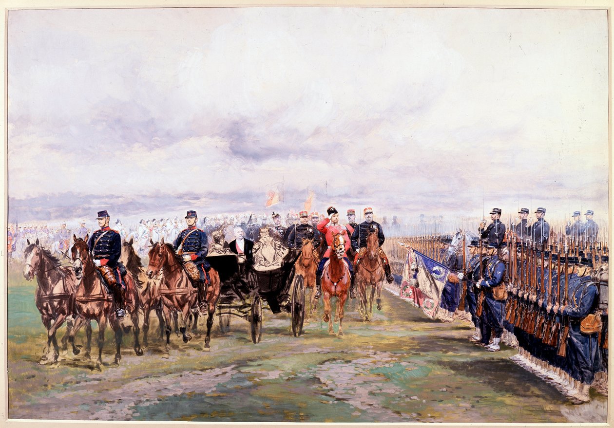 Tsaar Nicolaas inspecteert de troepen met Felix Faure in Chalon-sur-Marne tijdens zijn bezoek aan Frankrijk, 9 oktober door Jean Baptiste Edouard Detaille