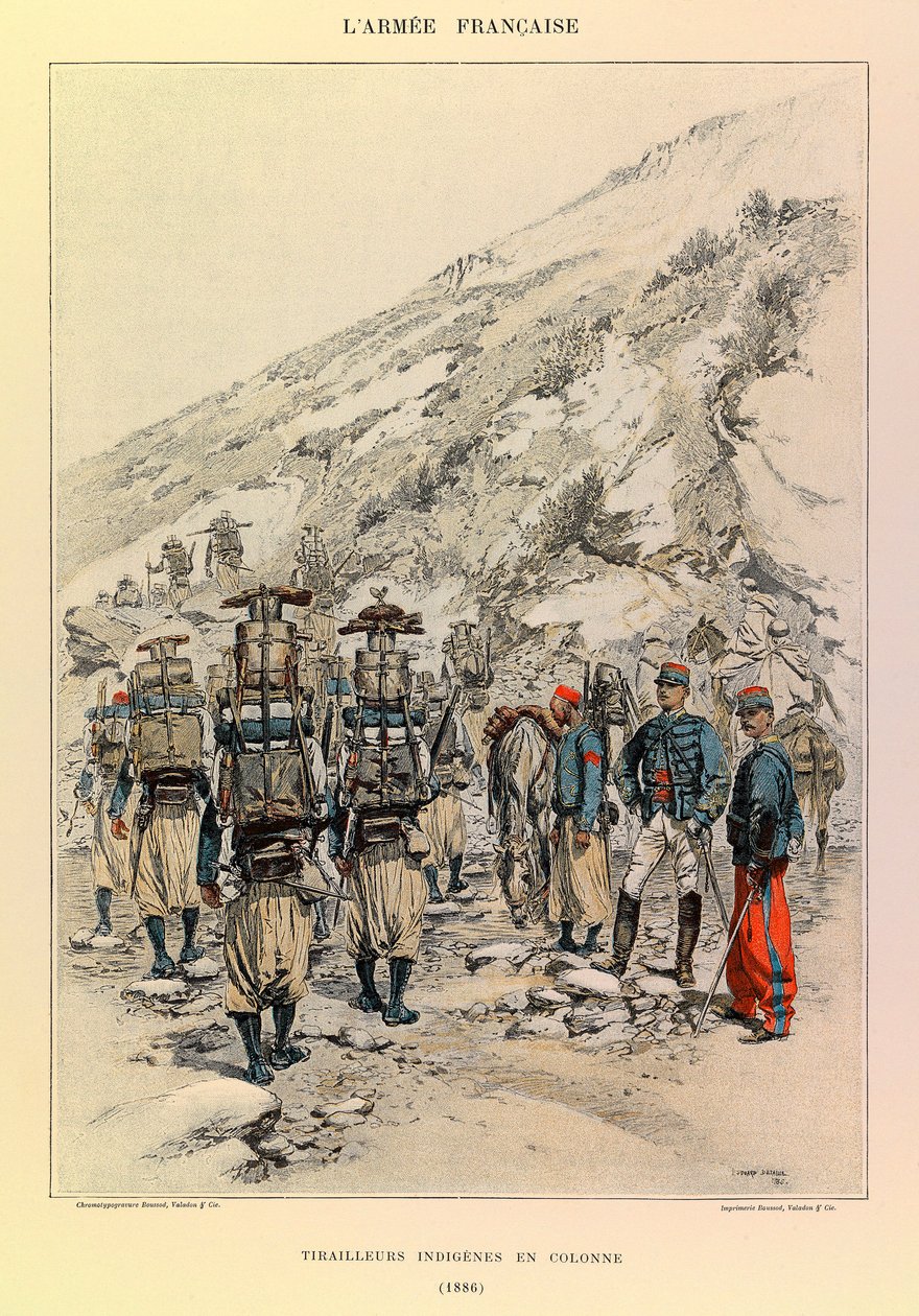 Typen en uniformen van het Franse leger van kapitein Jules Richard, geïllustreerd door Edouard Detaille (1848-1912): Inheemse Tirailleurs in kolom in 1886, Privécollectie door Jean Baptiste Edouard Detaille