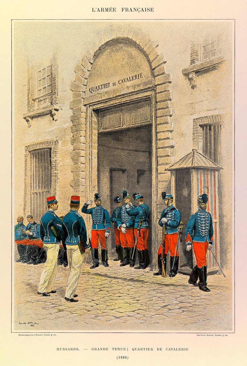 Typen en uniformen van het Franse leger van Kapitein Jules Richard, geïllustreerd door Edouard Detaille (1848-1912): Huzaren in Grote Kledij; Cavaleriedistrict in 1886, Privécollectie door Jean Baptiste Edouard Detaille