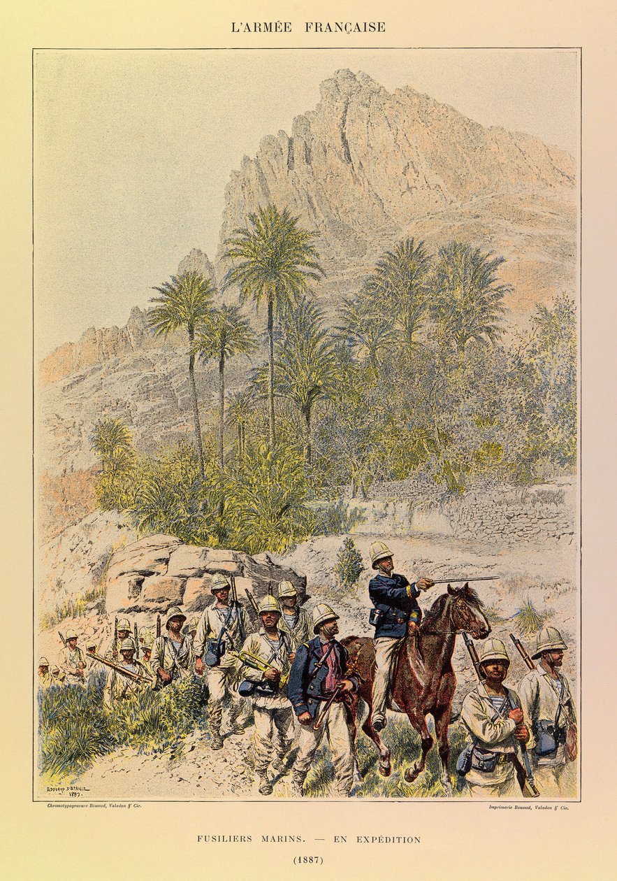 Types en uniformen van het Franse leger van Kapitein Jules Richard, geïllustreerd door Edouard Detaille: Fusiliers Marins op expeditie in 1887 door Jean Baptiste Edouard Detaille