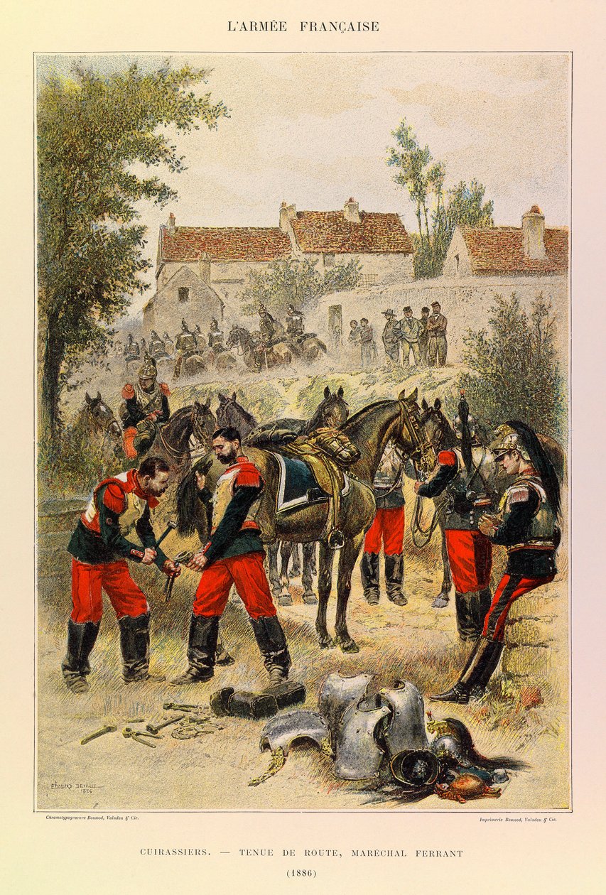 Types en uniformen van het Franse leger van Kapitein Jules Richard, geïllustreerd door Edouard Detaille: Cuirassiers; Wegbehandeling; Marechal Ferrant in 1886 door Jean-Baptiste Edouard Detaille
