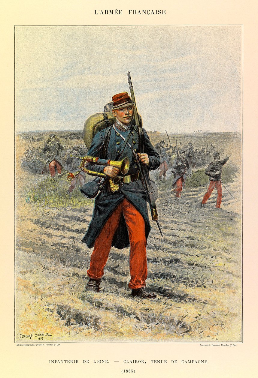 Types en uniformen van het Franse leger van kapitein Jules Richard, geïllustreerd door Edouard Detaille: Infanterie; Clairon in veldkleding in 1885 door Jean Baptiste Edouard Detaille