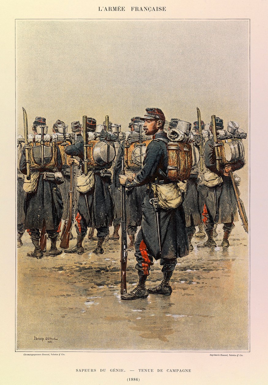 Typen en uniformen van het Franse leger van Kapitein Jules Richard, geïllustreerd door Edouard Detaille: Sappeur van de Genie in veldtenue in 1886, Privécollectie door Jean Baptiste Edouard Detaille