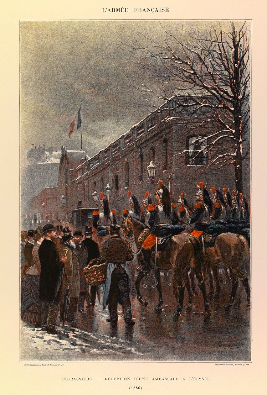 Typen en uniformen van het Franse leger van Kapitein Jules Richard, geïllustreerd door Edouard Detaille: Cuirassiers: Ontvangst van een ambassade op het Elysee in 1886, Privécollectie door Jean Baptiste Edouard Detaille