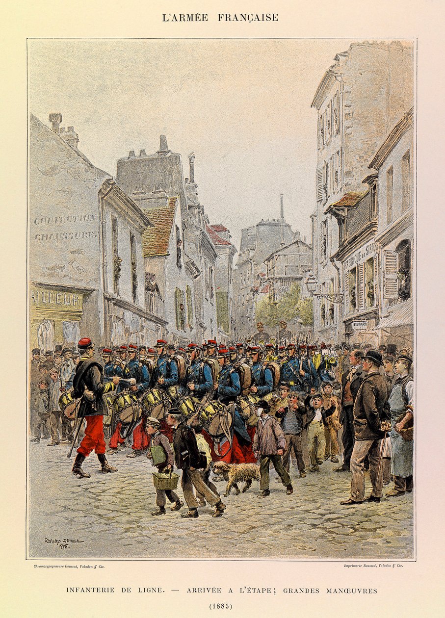 Typen en uniformen van het Franse leger van Kapitein Jules Richard, geïllustreerd door Edouard Detaille: Linie-infanterie: Aankomst op het toneel tijdens de grote manoeuvres in 1885, Privécollectie door Jean Baptiste Edouard Detaille