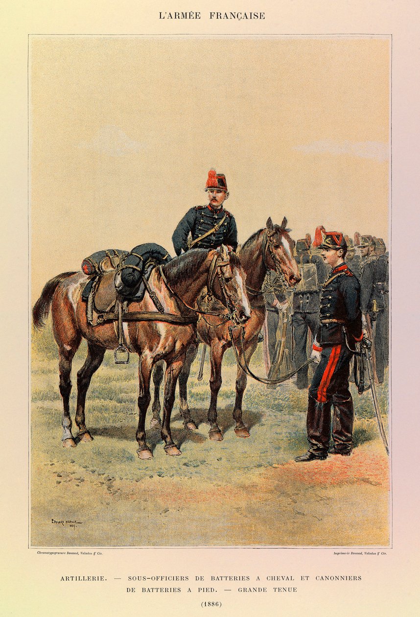 Typen en uniformen van het Franse leger van Kapitein Jules Richard, geïllustreerd door Edouard Detaille (1848-1912): Artillerie: Onderofficieren van batterijen te paard en kanonniers van batterij te voet in grote kledij in 1886, Privécollectie door Jean-Baptiste Edouard Detaille