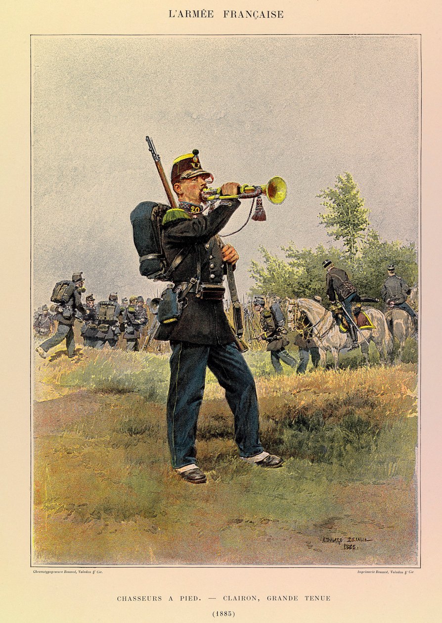 Typen en uniformen van het Franse leger van Kapitein Jules Richard, geïllustreerd door Edouard Detaille (1848-1912): Jagers te voet: Hoornblazer in grote kledij in 1885, Privécollectie door Jean Baptiste Edouard Detaille