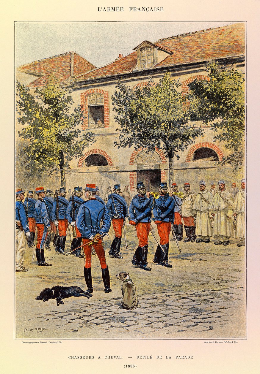Typen en uniformen van het Franse leger van kapitein Jules Richard, geïllustreerd door Edouard Detaille (1848-1912): Jagers te paard; Parade in 1886 door Jean Baptiste Edouard Detaille