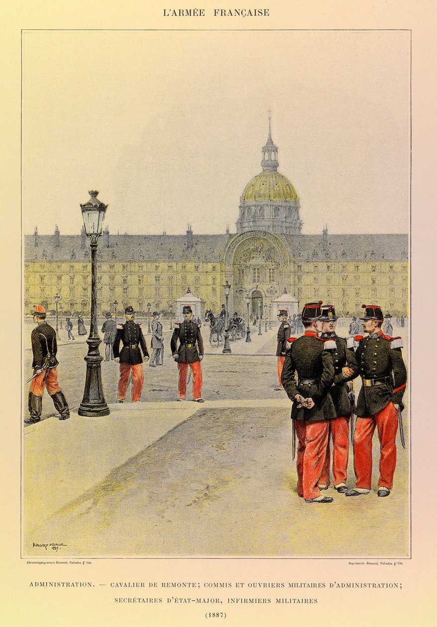 Typen en uniformen van het Franse leger van Kapitein Jules Richard, geïllustreerd door Edouard Detaille (1848-1912): Administratie: Ruiter, militaire klerk en administratieve medewerkers, stafsecretarissen, militaire verpleegsters in 1887, Privécollectie door Jean Baptiste Edouard Detaille