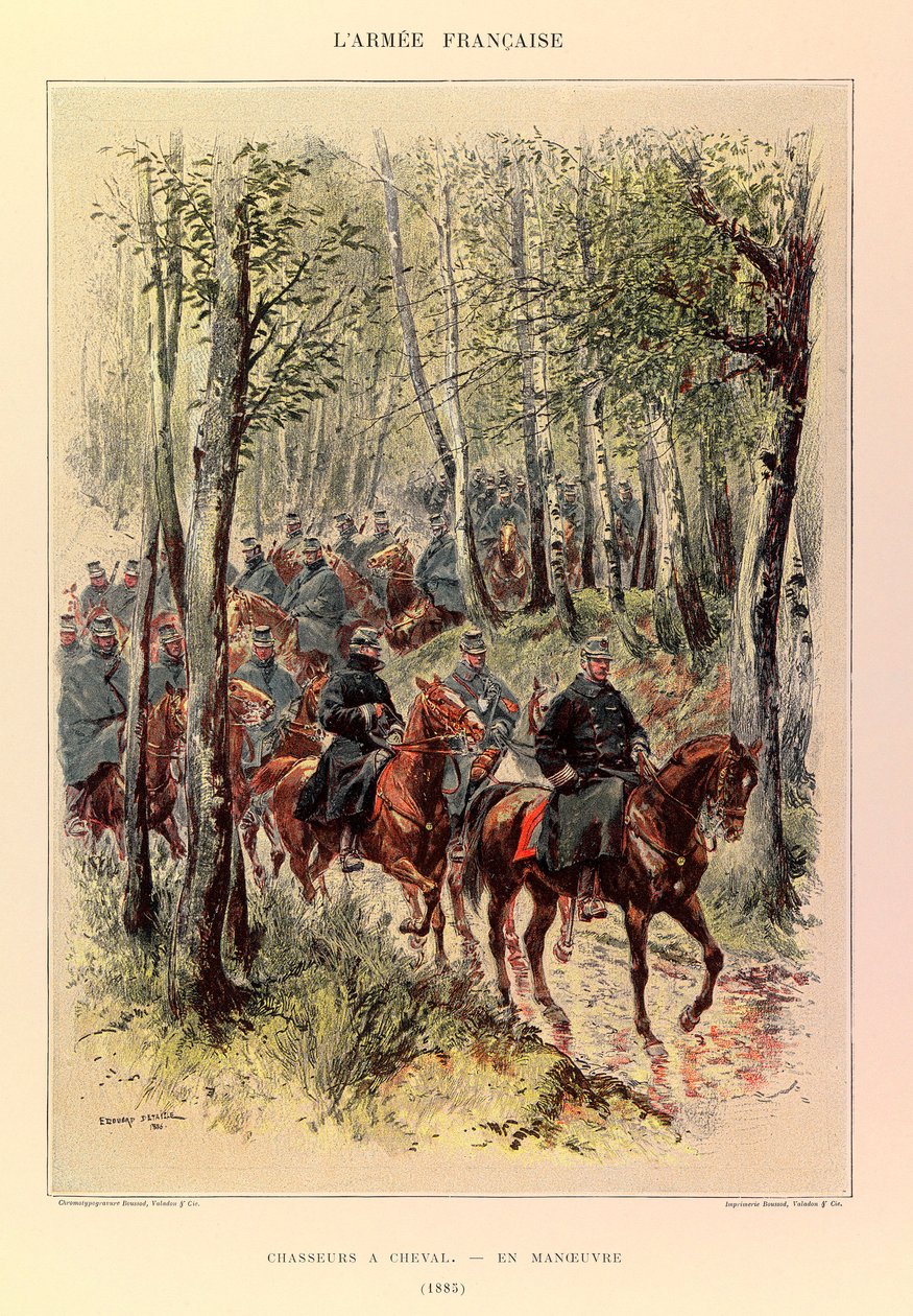 Types en uniformen van het Franse leger van kapitein Jules Richard, geïllustreerd door Edouard Detaille (1848-1912): Jagers te paard in manoeuvre in 1885, Privécollectie door Jean Baptiste Edouard Detaille