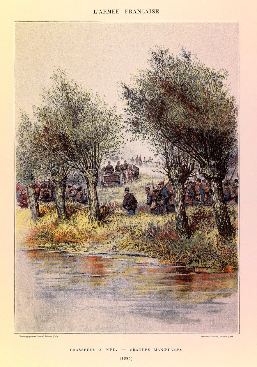 Typen en uniformen van het Franse leger van kapitein Jules Richard, geïllustreerd door Edouard Detaille: Voetjagers; de grote manoeuvres in 1885, privécollectie door Jean Baptiste Edouard Detaille