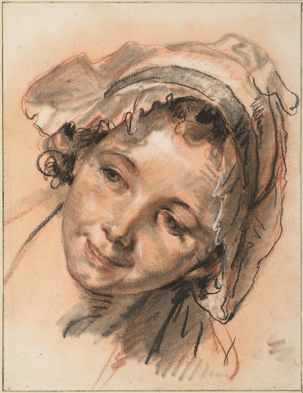 Hoofd van lachend meisje door Jean Baptiste Greuze