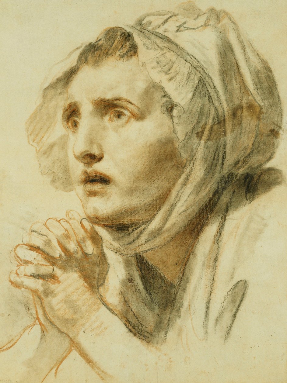 Portret van een vrouw, buste lengte, in een kapje, met haar handen gevouwen door Jean Baptiste Greuze