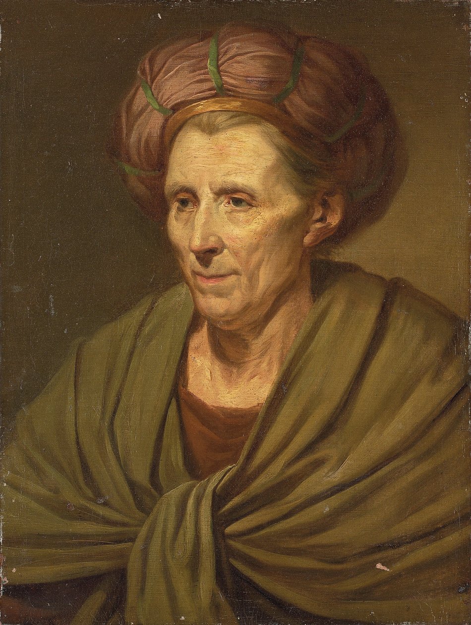 Portret van een vrouw, buste-lengte, met een bruine tulband en groene sjaal door Jean Baptiste Greuze