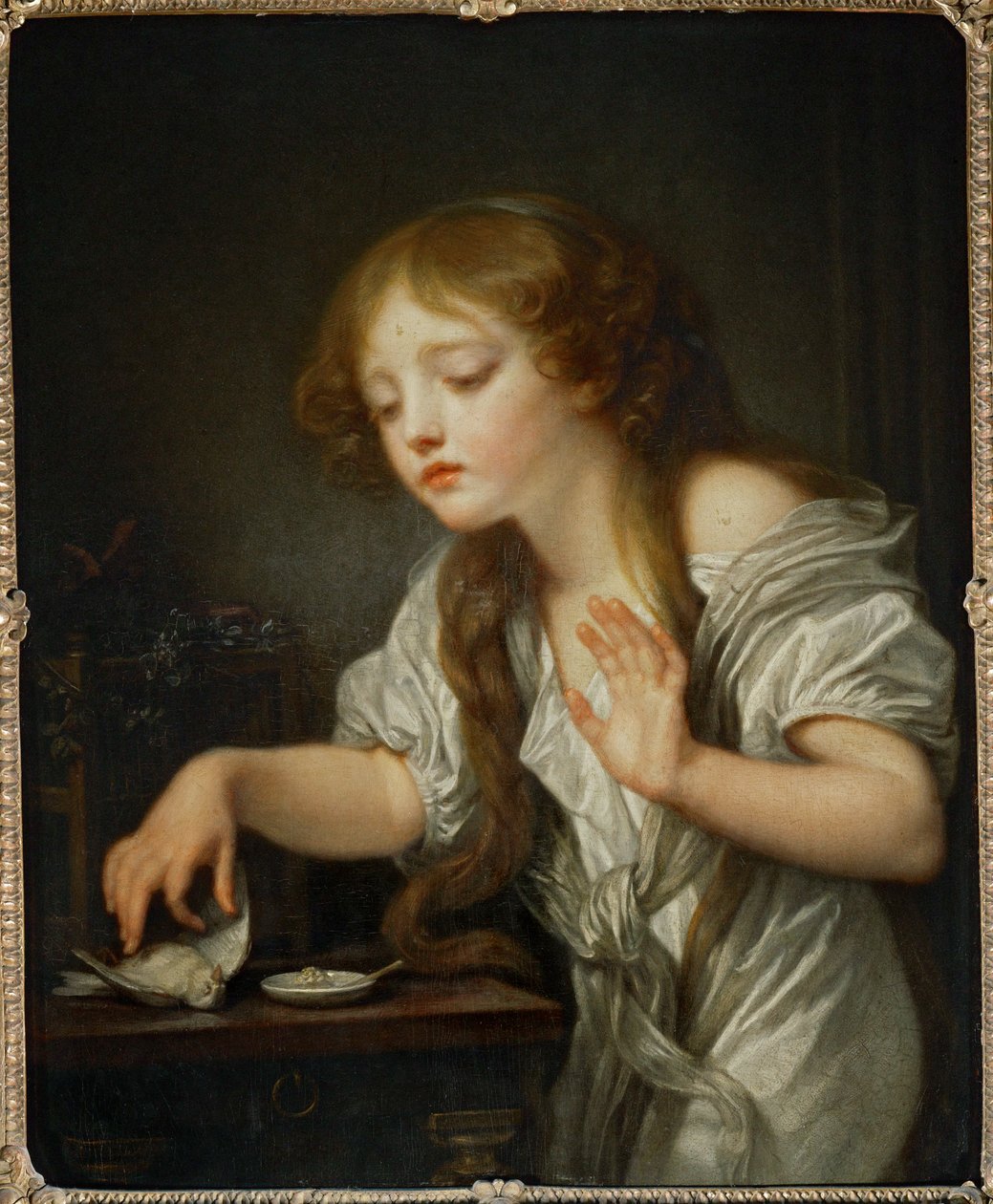 Een kind dat een vogel niet wil aanraken uit angst dat hij dood is, zegt dat de vogel dood is ... door Jean Baptiste Greuze