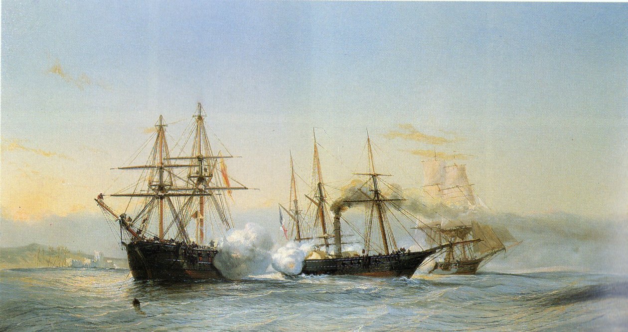Zeeslag voor de Marokkaanse kust tussen twee Marokkaanse brikken en een Franse wiel-corvet ter gelegenheid van het bombardement van Mogador door het Franse eskader in 1844. door Jean Baptiste Henri Durand Brager