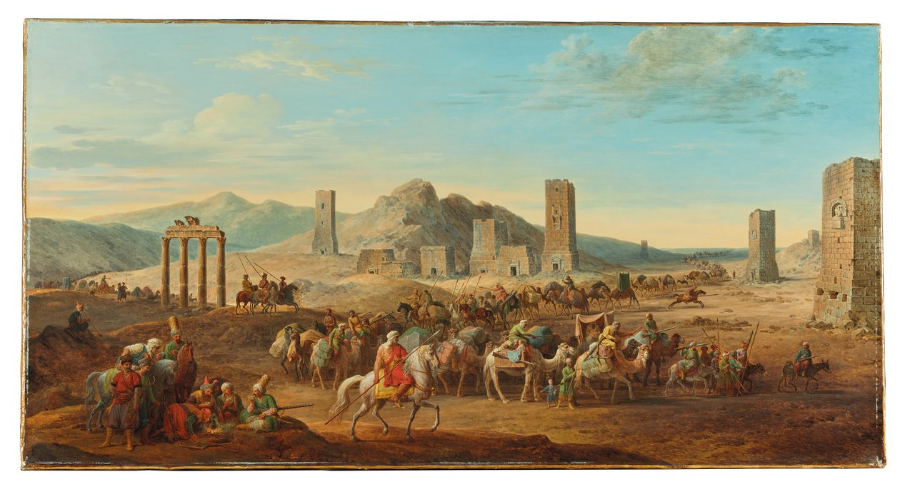 Twee caravans bij de ingang van de vallei die naar Palmyra leidt door Jean Baptiste Hilair