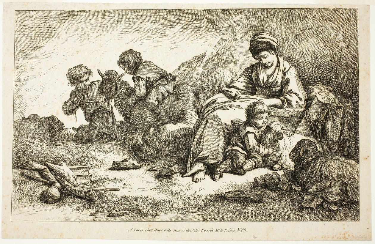 Moeder en kinderen met schapen door Jean Baptiste Huet