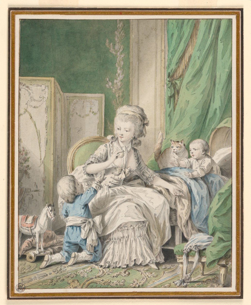 Tekening, Moeder en twee kinderen in een boudoir, mogelijk 1782 door Jean Baptiste Huet
