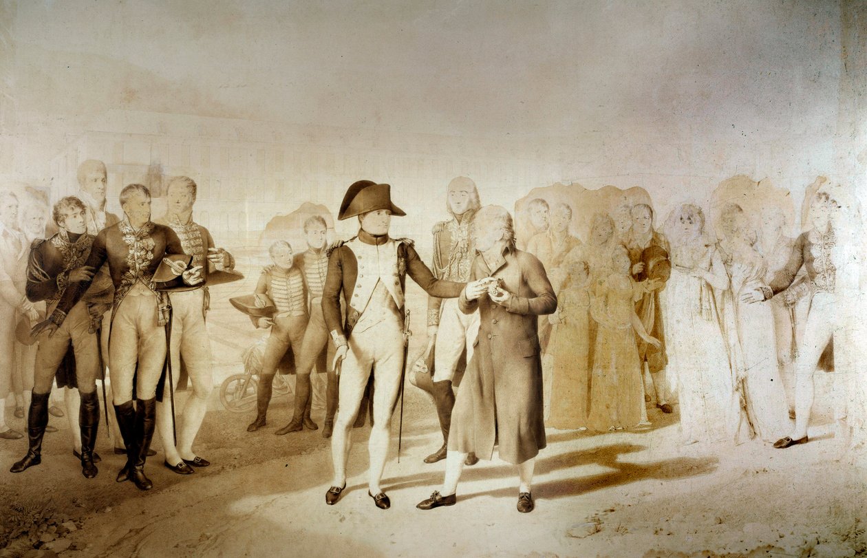 Keizer Napoleon I en keizerin Josephine de Beauharnais bezoeken de textielfabriek van Monsieur Oberkampf in Jouy op 20/06/1806 (detail) door Jean Baptiste Isabey