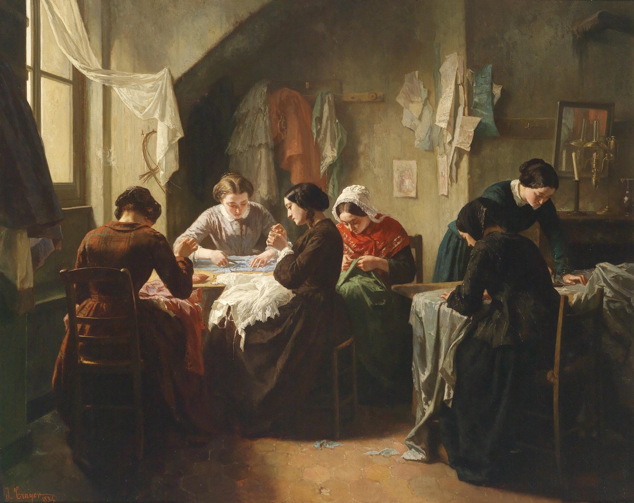 Bretonse naaisters door Jean Baptiste Jules Trayer