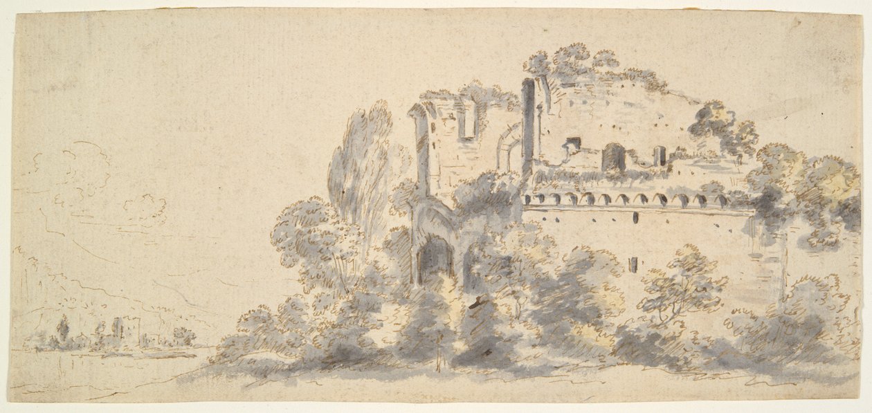 Italiaans landschap met ruïnes door Jean Baptiste Lallemand
